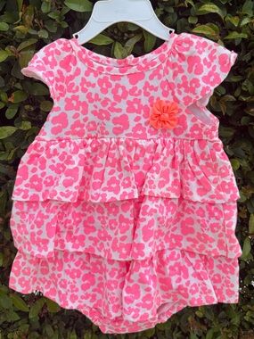 Carters Pink Leopard Ruffle Baby Dress Romper with Flower